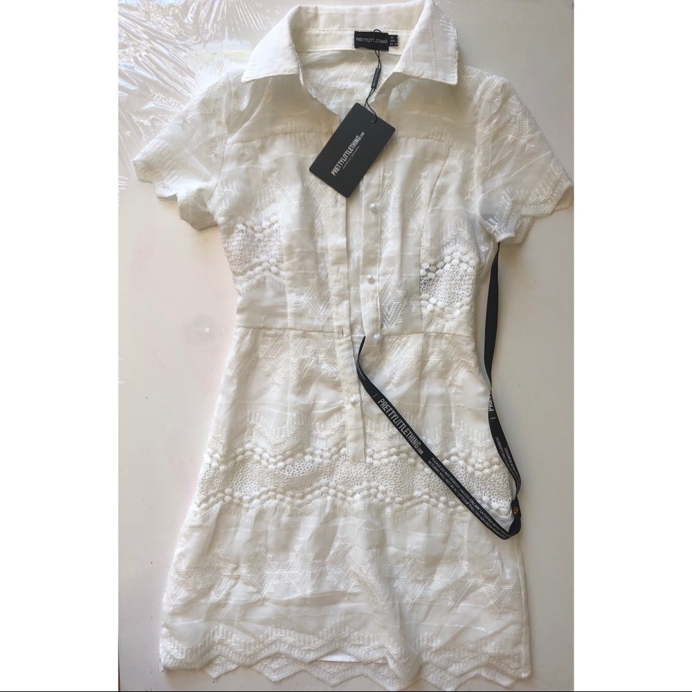 White Embroidered Lace Button Detail Skater Dress